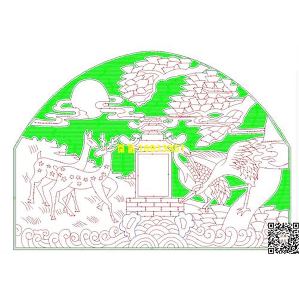 精雕图58松鹤鹿墓碑碑头线雕图线条图单线铣底图_电脑雕刻plt文泰矢量图精雕图浮雕图